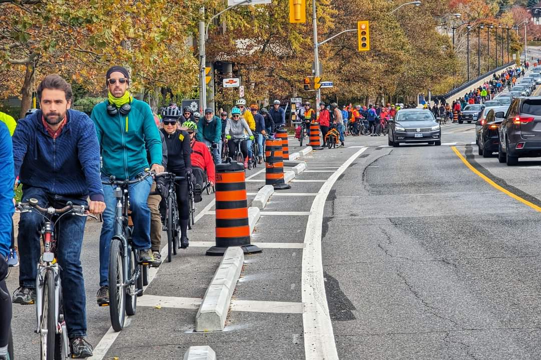 We rode together, for safety, to dispel myths and to applaud forward thinking and reasoned solutions. Strength in numbers. Bloor Bike Lane Rally November 2023.
