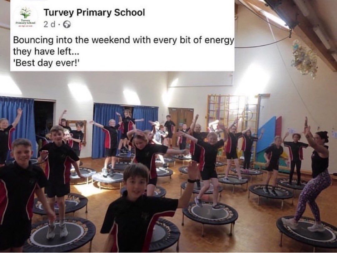 _jdkfitness's tweet photo. “Best day ever”! 🤩

That’s what Turvey Primary School had to say after we visited them and delivered our amazing Rebound Fit workshops.

Every class brought great energy and we had SO much fun bouncing the day away 🤗

Want to bring rebounding to your school?

#primaryschool https://t.co/0VsbUAhN3U