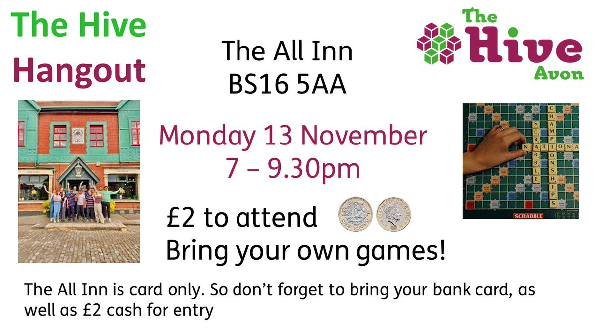 November Hive Hangout details! The Hive Hangout is a monthly meet up group for learning disabled and autistic adults. Bring along a board game or some cards and let's have fun!