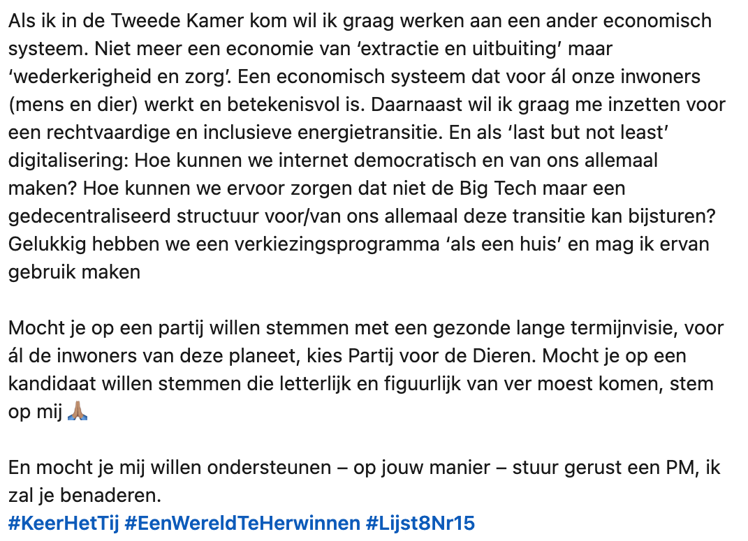 Ik ben kandidaat (Nr.15) namens #partijvoordedieren voor de Tweede Kamer in de aanstaande verkiezingen. Waarom? Lees onder👇Mocht je op een kandidaat willen stemmen die letterlijk en figuurlijk van ver moest komen, stem gerust op mij. 💚🧿✌️