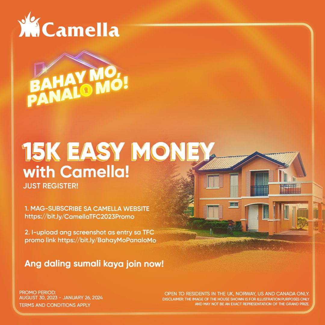 KapamilyaTFC's tweet image. EASY MONEY ba ang habol mo? Look no further and join na sa Bahay Mo Panalo Mo with Camella to get a chance to win up to 15k cash prizes! 🤩
👉🏼 bit.ly/BahayMoPanaloMo 

#BahayMoPanaloMo #Camella #BMPMCamella