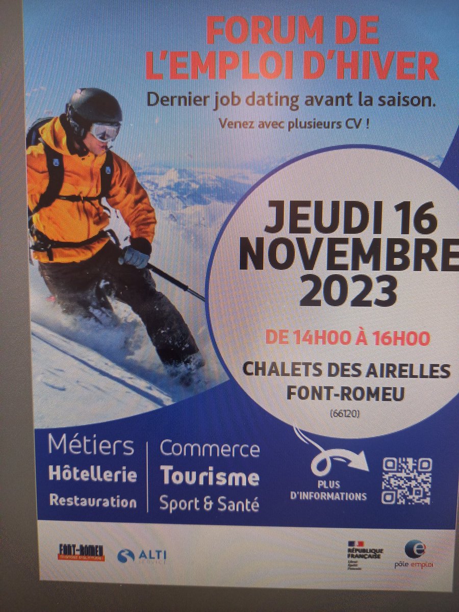 Forum des métiers de l'hiver  suite...Dernier job dating avant la saison et ce sera a nouveau au chalet des Airelles de Font Romeu.  En partenariat avec Alti Service 👍👍👍