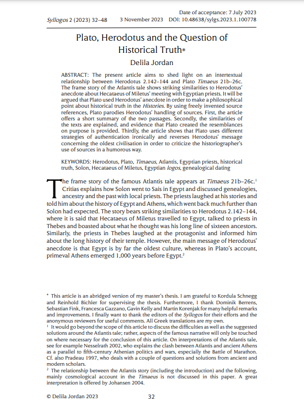 The Herodotus Helpline is delighted to announce the 
publication of a new article in volume 2 of Syllogos - Herodotus Journal: ‘Plato, Herodotus and the Question of Historical Truth’ by Delila Jordan journals.ub.uni-heidelberg.de/index.php/syll…