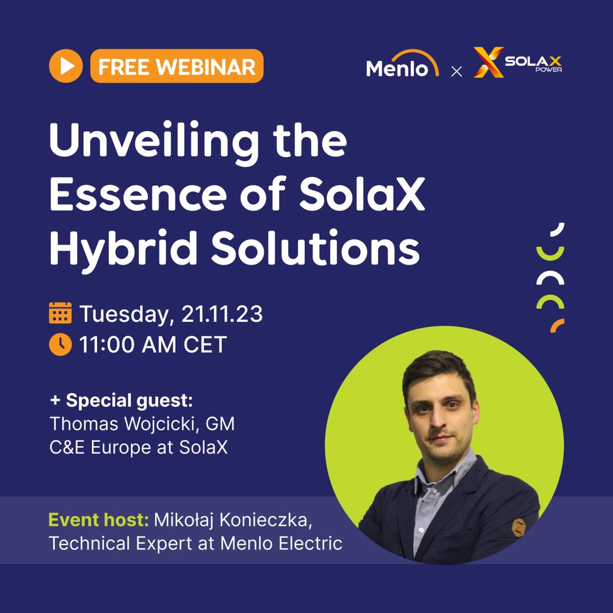 solaxpower's tweet photo. #SolaXWebinar 🌞Unveiling the Essence of SolaX Hybrid Solutions
Discover the power behind #SolaX Hybrid Solutions in this exclusive webinar hosted by our partner Menlo Electric! Mark the calendar and get ready to unlock the potential of clean energy.
📅11:00 AM CET, 21 Nov 2023 https://t.co/1FtOqHYd6V
