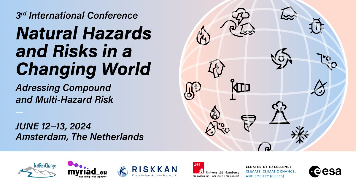 📢 𝐂𝐚𝐥𝐥 𝐟𝐨𝐫 𝐚𝐛𝐬𝐭𝐫𝐚𝐜𝐭𝐬 for #ChangingWorldRisks2024 now open! A conference on #multihazard and #compound risk organised by MYRIAD-EU, <a href="/kan_risk/">Risk-KAN</a> &amp; @NatRiskChange!
🗓️Submission deadline: 31st January 2024 
ℹ️ bit.ly/3SujRJA 
#CWR2024 #ReducingRisksTogether