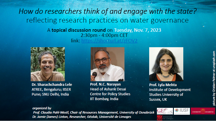 Water Governance Webinar Series - Second Session
November 7th from 14:30 to 16:00 CET
Link  : shorturl.at/zFOV2