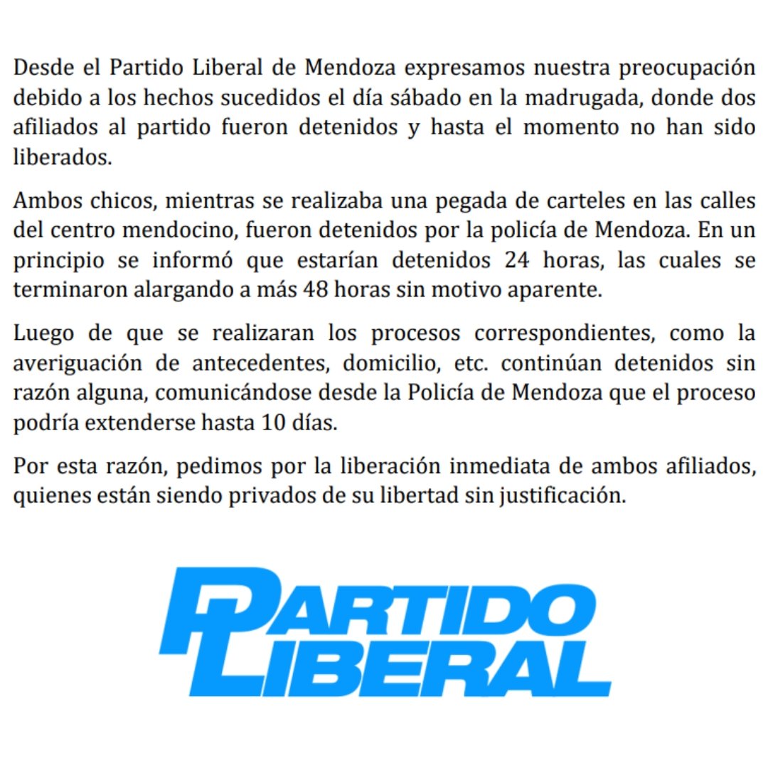 PLiberal_MZA's tweet photo. Desde el Partido Liberal de Mendoza expresamos nuestra preocupación debido a los hechos sucedidos el día sábado en la madrugada, donde dos afiliados al partido fueron detenidos y hasta el momento no han sido liberados. https://t.co/IyFChtlzAL