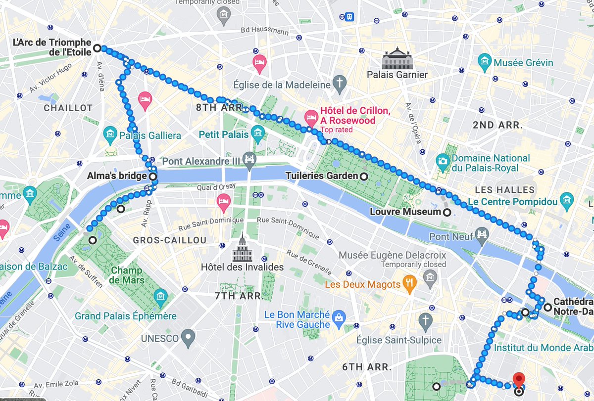 HelloSnikkit's tweet photo. Eiffel Tower,Champ de Mars, Musée du Quai Branly - Jacques Chirac, Pont de l'Alma, Champs-Élysées, Arc de Triomphe, Champs-Élysées, Jardin des Tuileries, Louvre, Seine River, Notre-Dame Cathedral, Île de la Cité, Shakespeare and Company, Luxembourg Gardens &amp; Pantheon. https://t.co/uvzYd9okv2