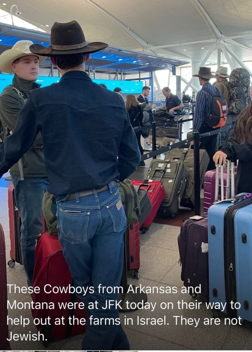American farmhands and cowboys on their way to Israel to help farmers in Israel after the #Hamas attack. Many lost their lives and/or farm workers.

That's love! Thank you.❤️