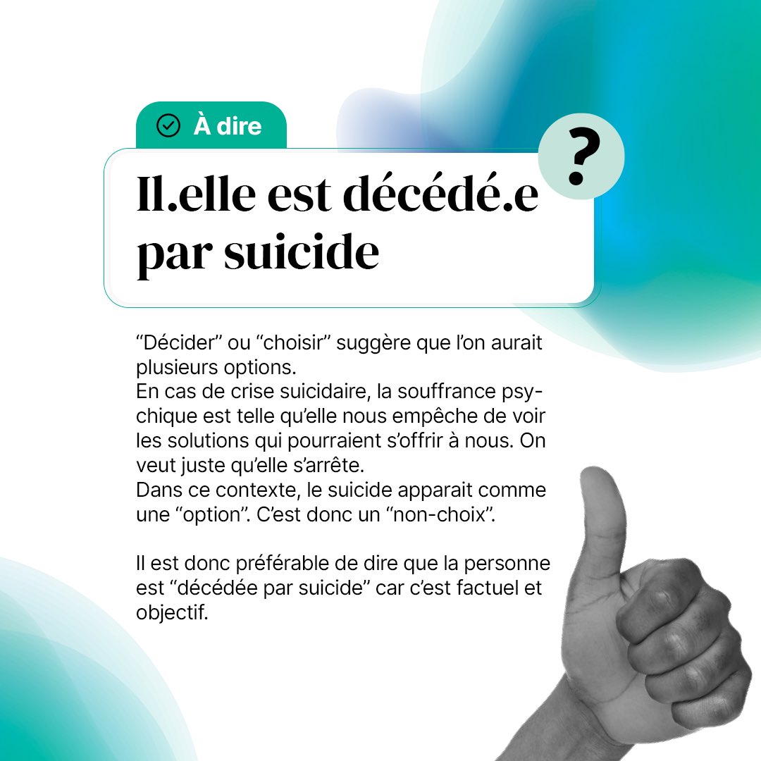 Le #suicide, il faut en parler mais pas n’importe comment.
Une information juste c’est quoi ? C’est une information dénuée de représentations qui constituent un obstacle pour agir en prévention du suicide.
Des conseils en images ⬇️

#help #santémentale #suicideprevention