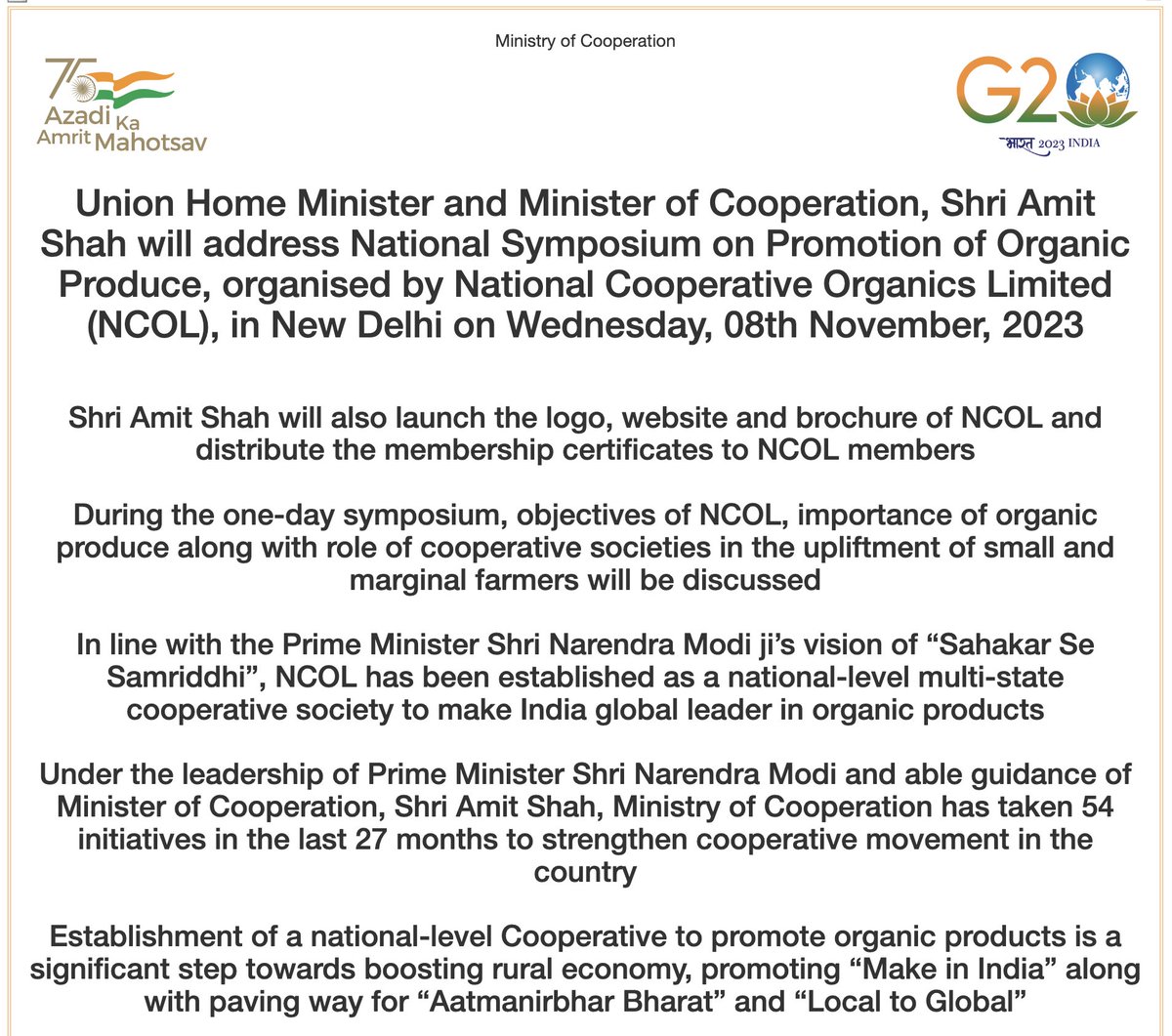 mdncdc's tweet photo. Union Home Minister and Minister of Cooperation, Shri Amit Shah will address National Symposium on Promotion of Organic Produce, organised by National Cooperative Organics Limited (NCOL), in New Delhi on Wednesday, 08th November, 2023 https://t.co/nPBGYo84yX https://t.co/p6lATq4EWa