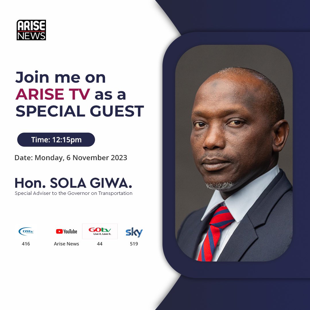Still on Adekunle/Oworonshoki Ramps diversion and  traffic management, the Special Adviser to the Governor on Transportation, Hon. Sola Giwa will be featuring on Arise TV by 12.15pm today. 

Please join the conversation coming soon.