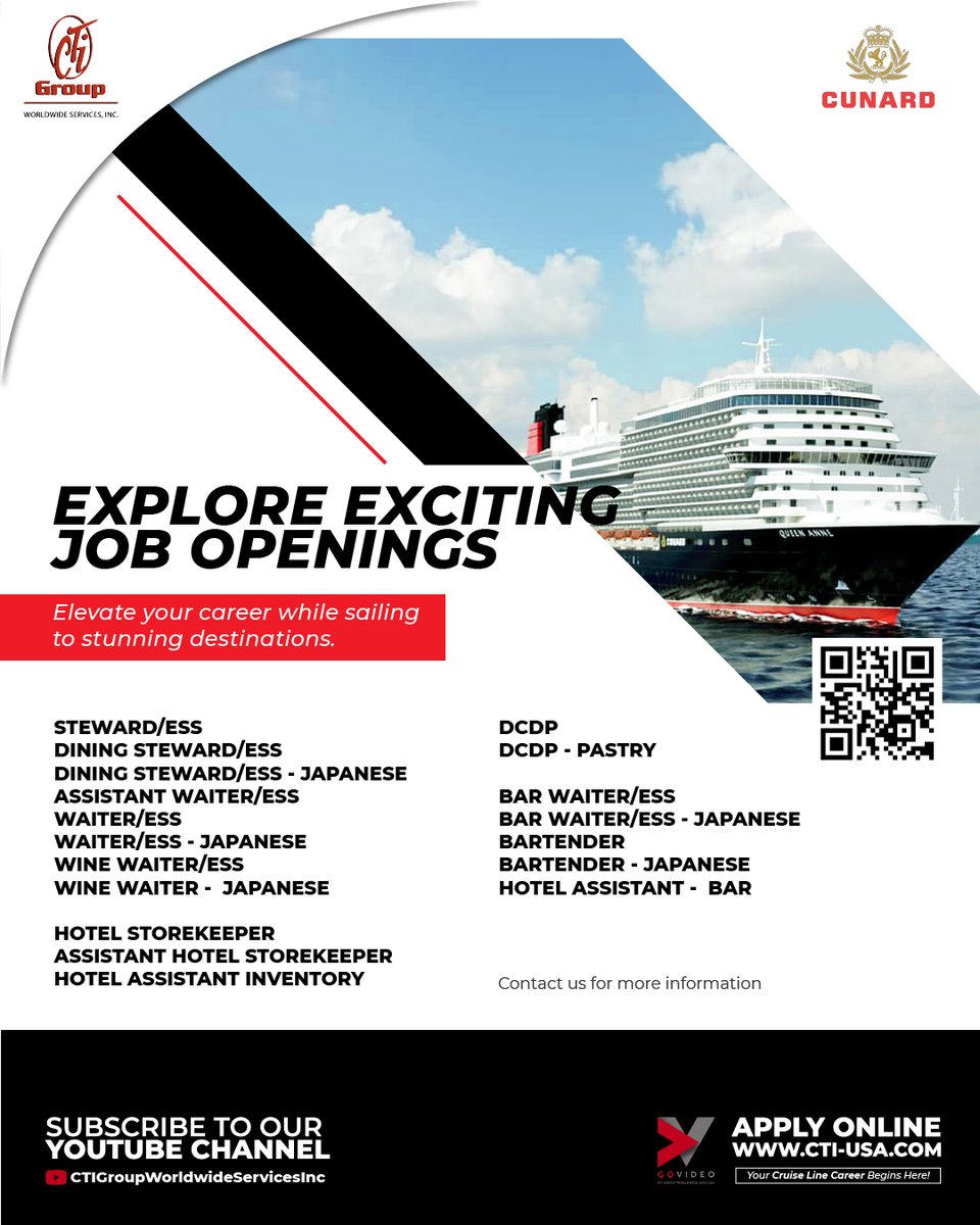 cti_groupusa's tweet photo. Embark on a Career Journey.
Immediate Openings for Cunard

Apply online: https://t.co/ULqGMT8epd
#cruiseship #jobs 

https://t.co/B7GMzR5vLF https://t.co/3OxwrMZ1pC
