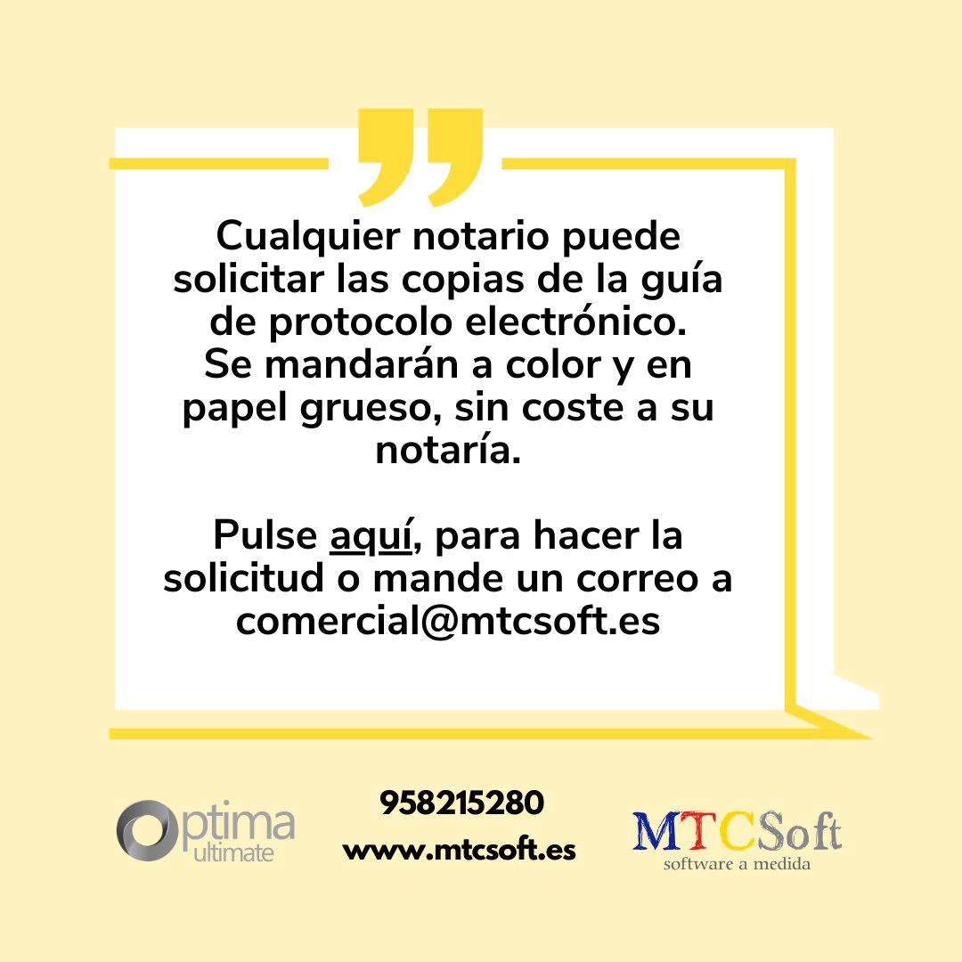 Solicite la guía mas precisa referente al nuevo protocolo electrónico, elaborada por MTCSoft. 
Sea o no cliente, le mandaremos una copia a su notaria sin coste.
