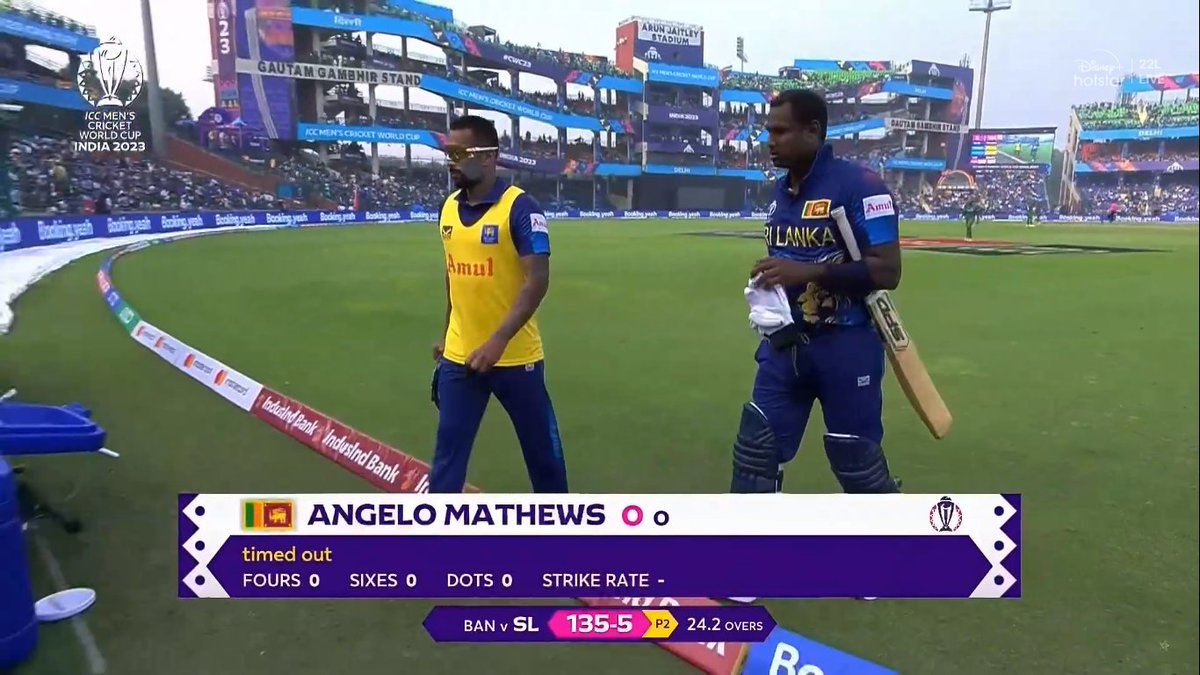vickyFadelwar7's tweet photo. Angelo Mathews becomes the first cricketer in history to be out on 'timed out'. #icccricketworldcup2023 #SriLankaCricket https://t.co/MWqvFM0o8c