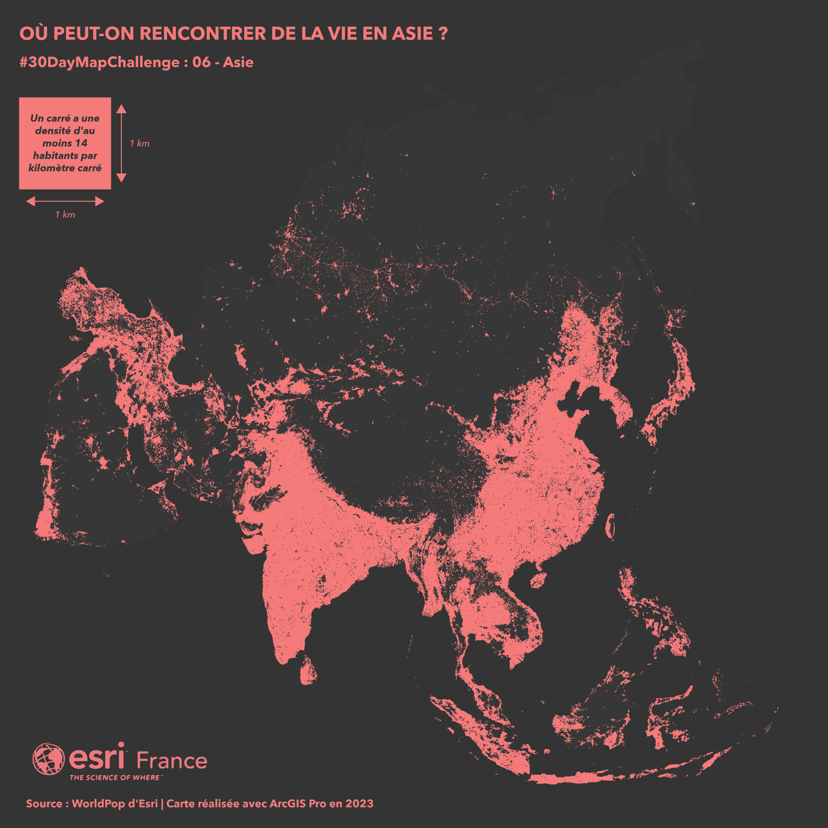 #30DayMapChallenge 🗺️
Jour 6 : #Asia

Où est-ce que vous avez le plus de probabilité de rencontrer de la population en Asie ?
La carte est réalisée avec #ArcGISPro et la source est World Pop d'Esri.

#Cartographie #EsriFrance