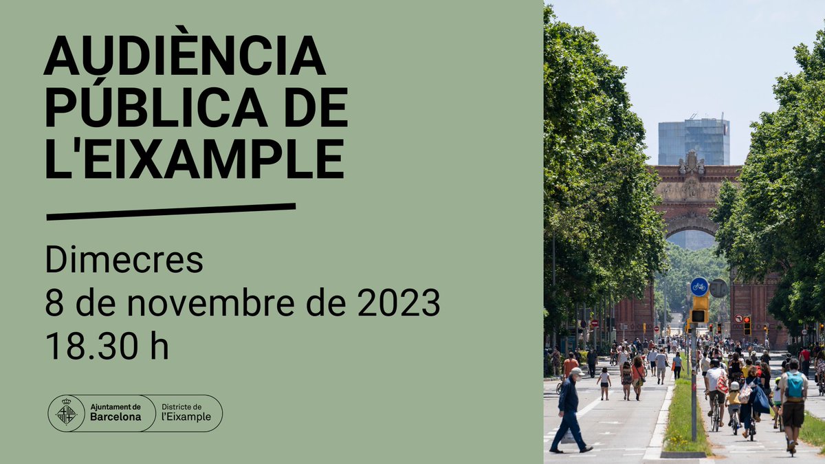 🗣️ Convocada l'Audiència Pública de l'Eixample.

🗓️ Dimecres 8 de novembre
🕛 18.30 h
📍 Sala de plens. Seu del Districte
(c. Aragó, 311)

Avança la teva participació 👇
via.bcn/xVqK50Q22Gk

<a href="/decidimbcn/">decidimbcn</a>  #AudiènciaEixample