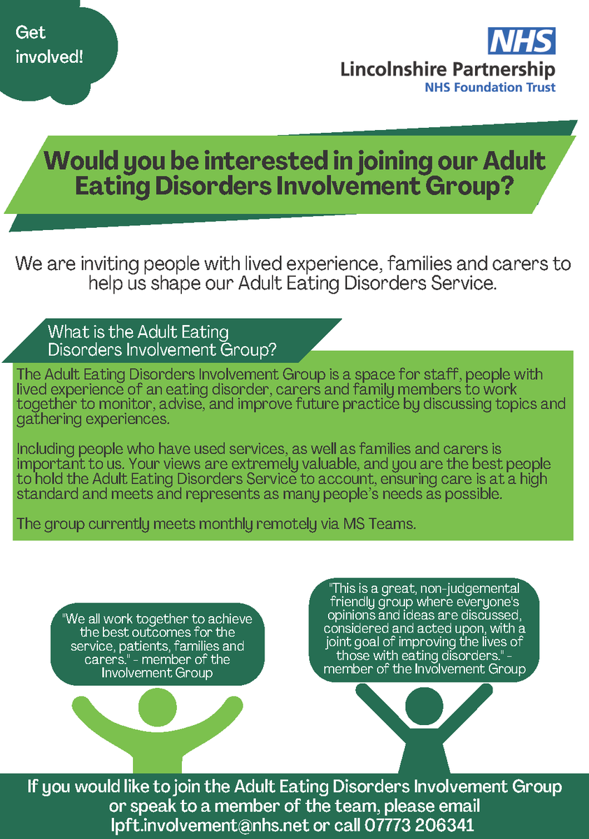 Lincolnshire Partnership NHS Foundation Trust (@lpftnhs) on Twitter photo Would you be interested in joining our patient/carer Adult Eating Disorder Involvement Group?
If you would be interested in joining us or would like further information please contact sarah.cox4@nhs.net or call 07773 206341. Would you be interested in joining our patient/carer Adult Eating Disorder Involvement Group?
If you would be interested in joining us or would like further information please contact sarah.cox4@nhs.net or call 07773 206341.
