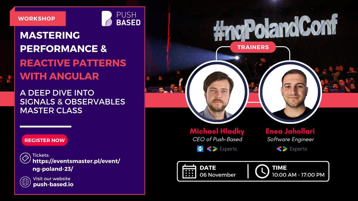 PushBased's tweet image. 🚨 Elevate your #Angular skills TODAY!

Meet @Michael_Hladky &amp;amp; @Enea_Jahollari at @ngPolandConf for an expert workshop on Signals &amp;amp; Observables.

🔍 Master #ChangeDetection 
🔄 Explore Reactivity 
🌐 Tackle Global State
... and more!

Tickets here: buff.ly/3PBaJzZ