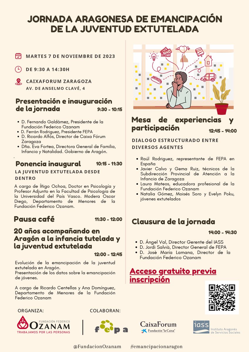 FundacionOzanam's tweet photo. Durante la jornada, se reflexionará  sobre la protección de la infancia tutelada y se creará un espacio de encuentro y análisis en torno a la evolución de la emancipación de la juventud extutelada en Aragón. https://t.co/FKZLERhhF4