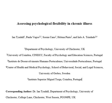 Ian Tyndall (@ityndall) on Twitter photo Great to work with the brilliant <a href="/inesatrindade/">Inês Trindade</a> and Portuguese colleagues Paula, Soraia, & Helena on our paper just accepted for publication 'Assessing psychological flexibility in chronic illness' <a href="/ChiUniPsych/">University of Chichester Psychology & Criminology</a> <a href="/ChiUni_Research/">Research@UoC</a> @HealthPsyChi #psycholigicalflexibility <a href="/myACBS/">Association for Contextual Behavioral Science</a> Great to work with the brilliant <a href="/inesatrindade/">Inês Trindade</a> and Portuguese colleagues Paula, Soraia, & Helena on our paper just accepted for publication 'Assessing psychological flexibility in chronic illness' <a href="/ChiUniPsych/">University of Chichester Psychology & Criminology</a> <a href="/ChiUni_Research/">Research@UoC</a> @HealthPsyChi #psycholigicalflexibility <a href="/myACBS/">Association for Contextual Behavioral Science</a>