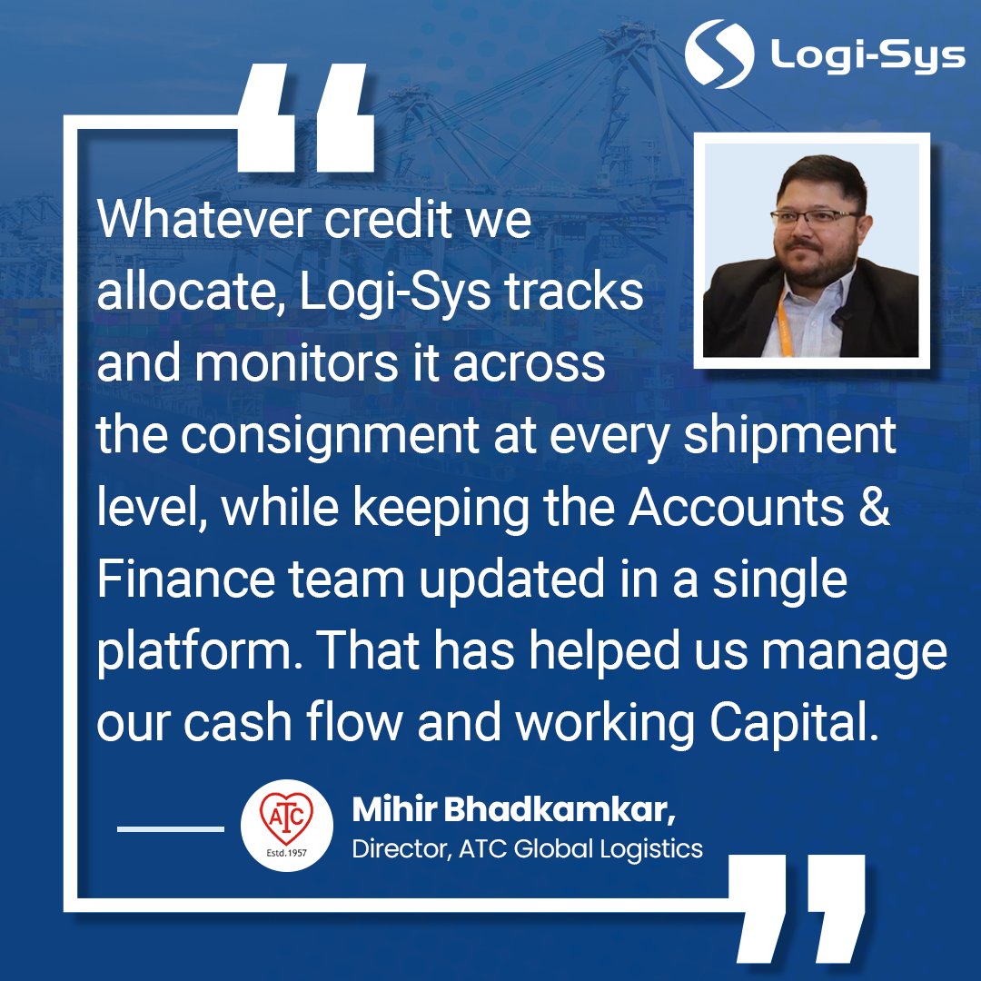 logisyserp's tweet image. Mihir Bhadkamkar, Director of ATC Global Logistics Pvt. Ltd. highlights the pivotal role of Logi-Sys in transforming credit monitoring and financial management.
#logisticssoftware #financialmanagement #freightforwarding #ATCGlobalLogistics #logistics #LogiSys
