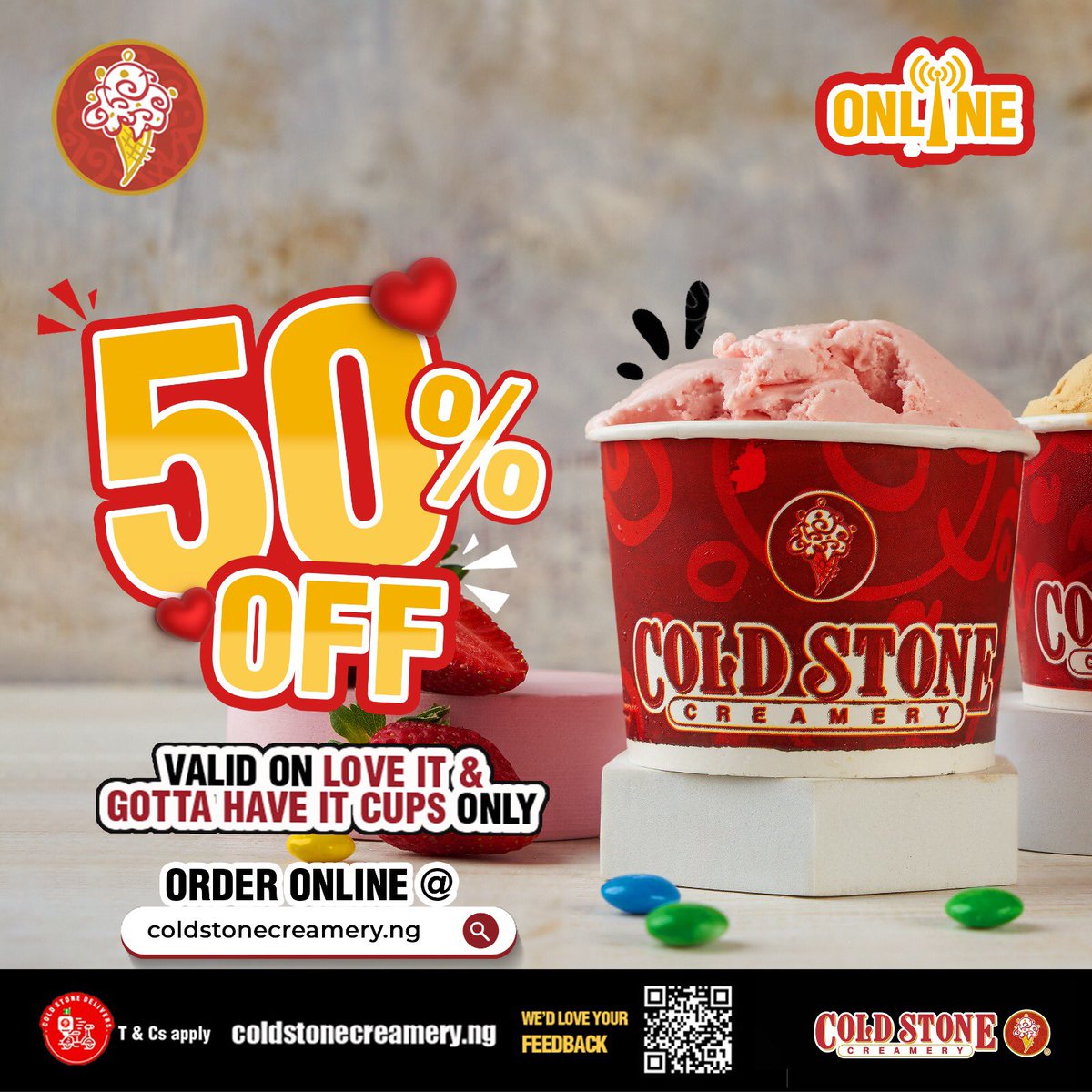 Discover a delightful world of sweetness while keeping your wallet happy! 😍😍 Enjoy a fantastic 50% discount on our Love It and Gotta Have It Cups, exclusively available online at coldstonecreamery.ng. 🍦😋 And the best part? Delivery is on the house! 🚚💃🏽💃🏽 Treat…