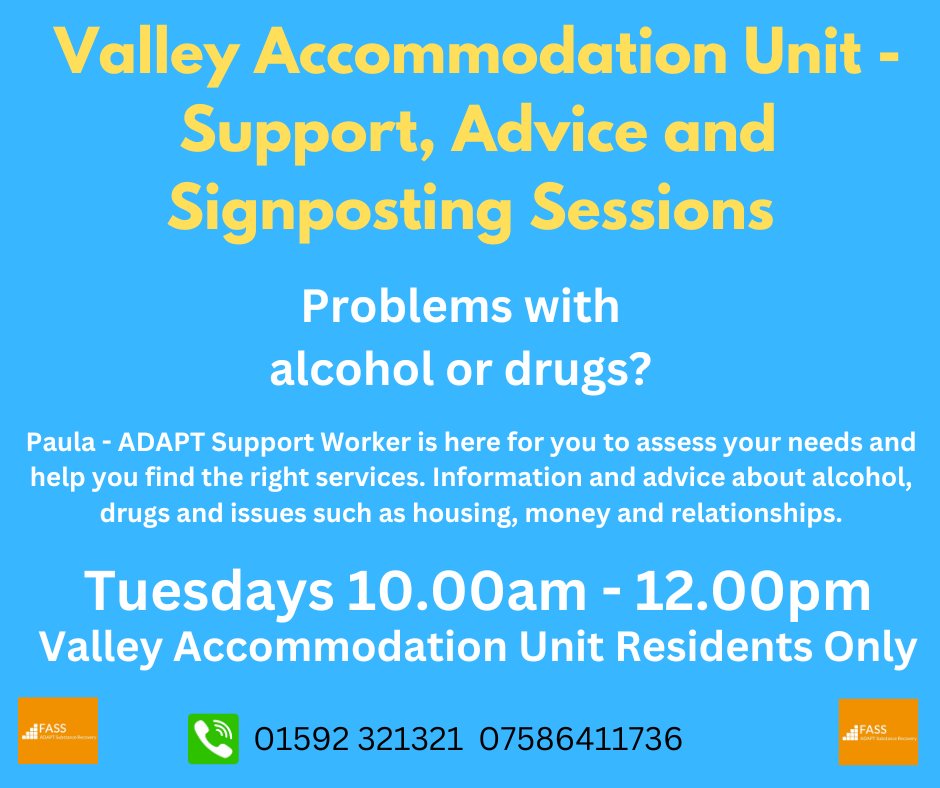Drop-in Recovery Clinic open today at the Valley Accommodation Unit. 10am to 12pm. This service is strictly for residents only. An ADAPT Outreach Worker is there every Tuesday to offer advice to residents of the Accommodation Unit who may be dealing with addiction issues.