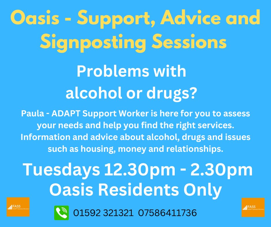 Drop-in Recovery Clinic open today at the Oasis Accommodation Unit. 12.30pm – 2.30pm. This service is strictly for residents only. An ADAPT Outreach Worker is there every Tuesday to offer advice to residents of the Accommodation Unit who may be dealing with addiction issues.