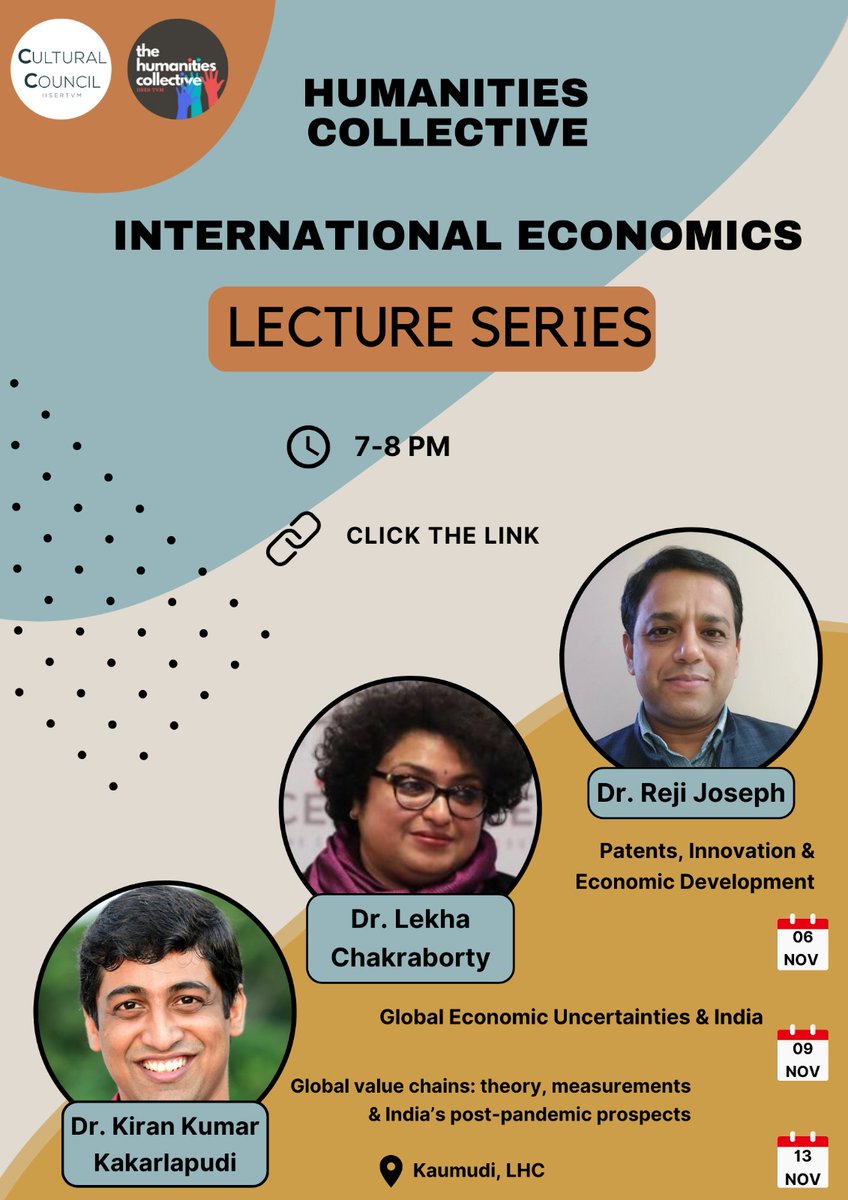 hcit_iisertvm's tweet image. HCIT is going to organize a series of 3 lectures on International Economics starting from today🥳
These lectures will include eminent speakers from different parts of the country!