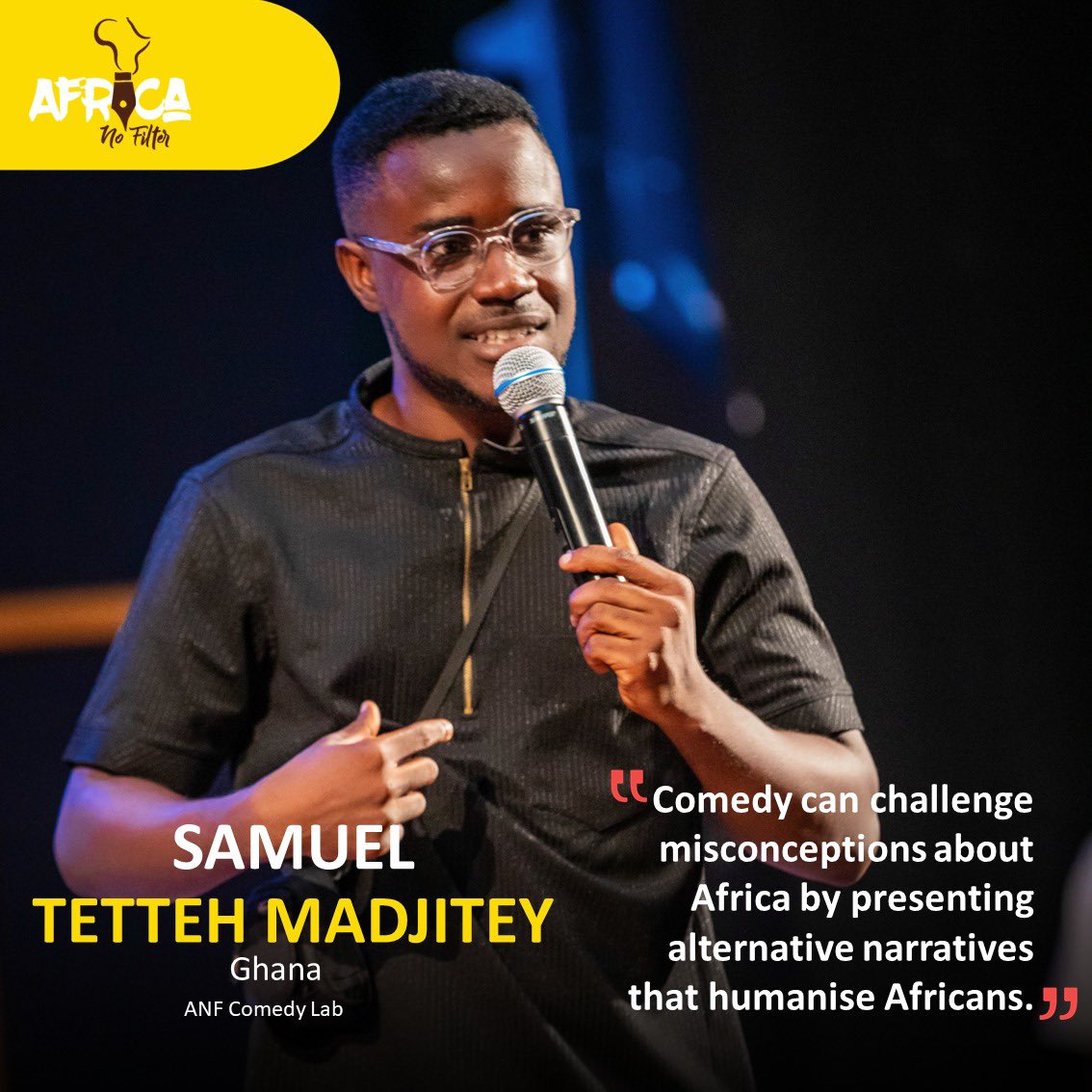 africanofilter's tweet photo. @BinKabodjo @ctncomedyclub 5. Samuel Tetteh Madjitey (@Oh_Joo1) started comic acting in 2014 and standup comedy in 2017. His first comedy special, Timid and Crazy, was launched in April 2023. #ANFcomedylab #shiftingnarratives https://t.co/LbsoZYieyW