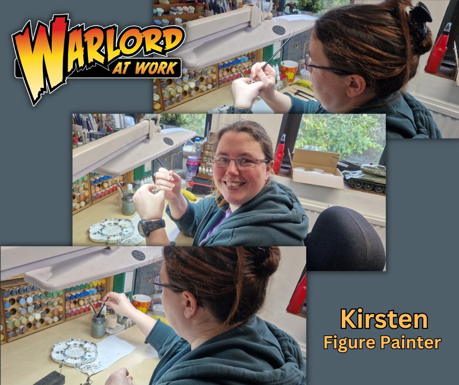 WarlordGames's tweet photo. I snuck into the studio and managed to capture a few photographs of our incredibly talented artist, Kirsten, as she was fully immersed in her latest project. Her work never fails to leave me in awe, and her baking skills are equally remarkable! #warlordatwork #warlordgames #painter #skilled #project #wargaming #tabletopgaming #studio #artist #talent