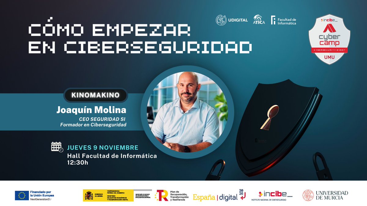 digitalUMU's tweet photo. 🔐¿Quieres adentrarte en el mundo de la #ciberseguridad?
💡No te pierdas el próximo #CafeTic de #CybercampUMU con @kinomakino
¡INSCRÍBETE y recibe tu diploma de asistencia! ➡️ https://t.co/QoUKQCbvCZ📢 Plazas Limitadas
🗓️ Jueves 9 noviembre
⏰ 12:30h
📍 Hall de @informaticaumu https://t.co/cm1sl9w6tb