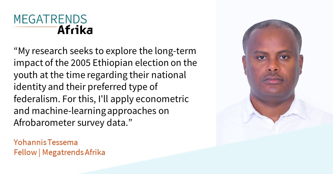 🤝It is a pleasure to introduce our Megatrends Afrika Fellow @yohannismt | @WLRC_AAU. Dr Tessema has joined the @IDOS_research team, where he is dedicating his fellowhip to researching  factors that affect individuals' extent of national identity and preferred type of federalism.