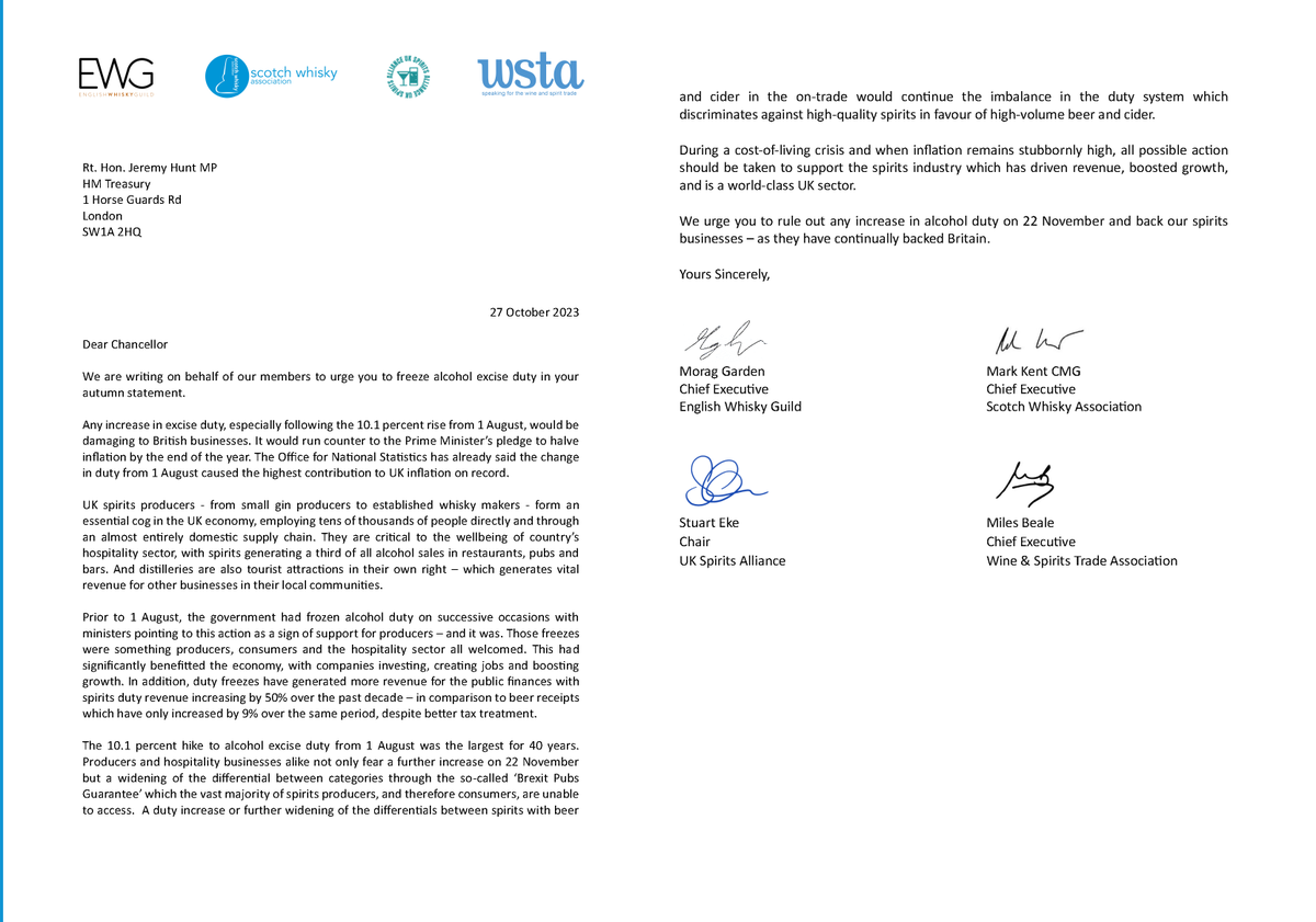 "We urge you to rule out any increase in alcohol duty on 22 November and back our spirits businesses"

Our joint letter to <a href="/Jeremy_Hunt/">Sir Jeremy Hunt MP</a> with <a href="/wstauk/">WSTA</a>, <a href="/SpiritsAlliance/">UK Spirits Alliance</a> and English Whisky Guild, on why it's vital to support our sector in the #AutumnStatement scotch-whisky.org.uk/newsroom/keep-…