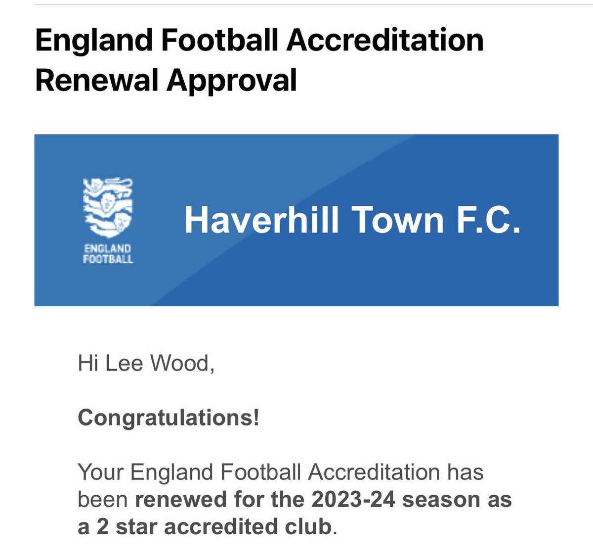 Haverhill Town FC have achieved promotion!!! We have been promoted to an English FA 2 Star accredited club. A massive thank you to all involved, for their dedication and hard work. The town of Haverhill now has two 2 Star accredited clubs, which is a huge achievement!