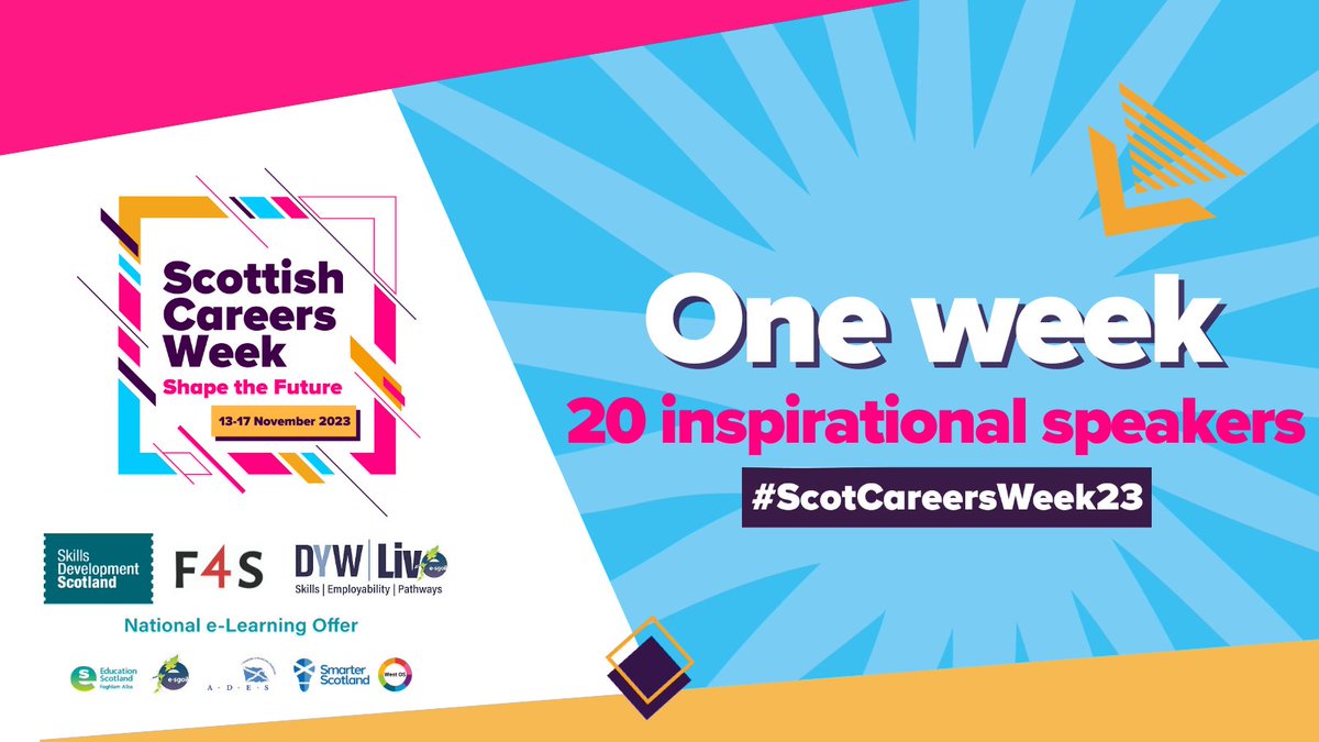 1 week to go! 👀

📣 We are proud to support #ScotCareersWeek23 through a series of inspirational talks from various industry experts throughout the week! @eSgoil @DYWLive @skillsdevscot @ESskills @mywowscotland 🤩

👉🏼 Register here: e-sgoil.com/dyw-live/dyw-l…