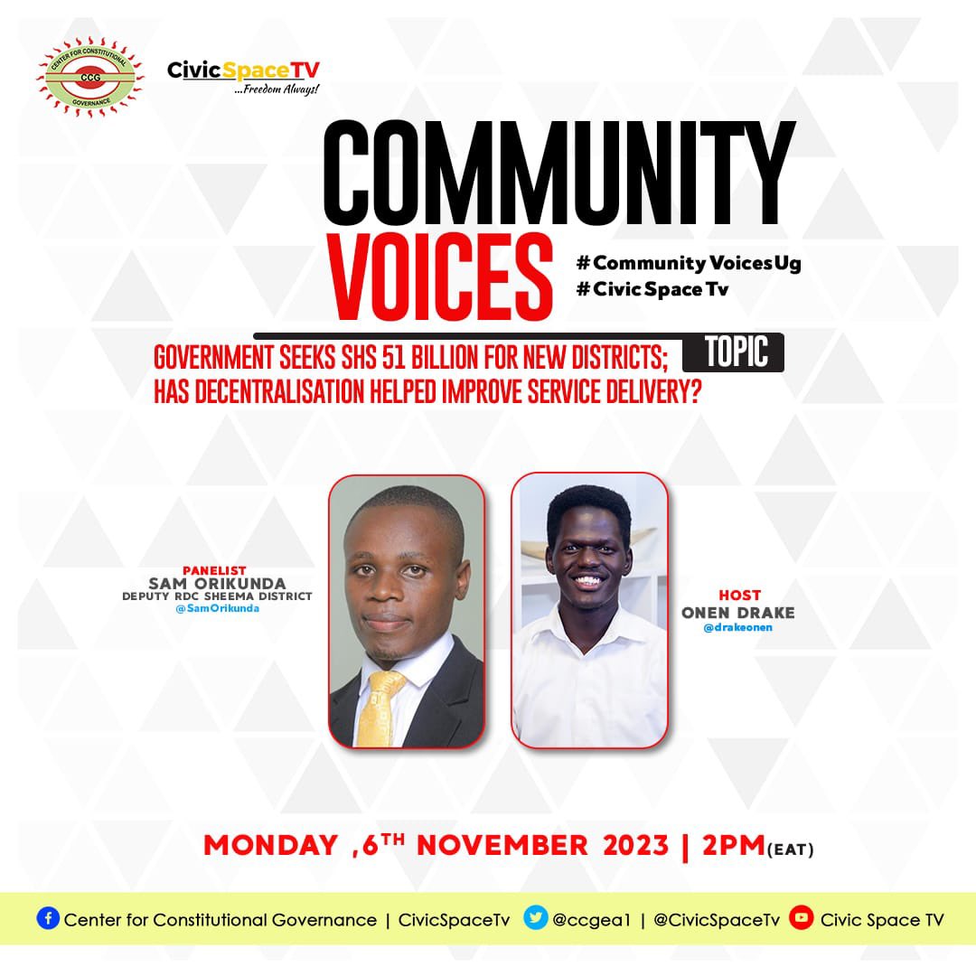 HAPPENING NOW:  @DrakeOnen engaging @SamOrikunda  on matters of public interest.
#CommunityVoicesUg
@CivicSpaceTV 
@ccgea1 

Follow discussion: youtu.be/ffmgoWUv2nE?si…