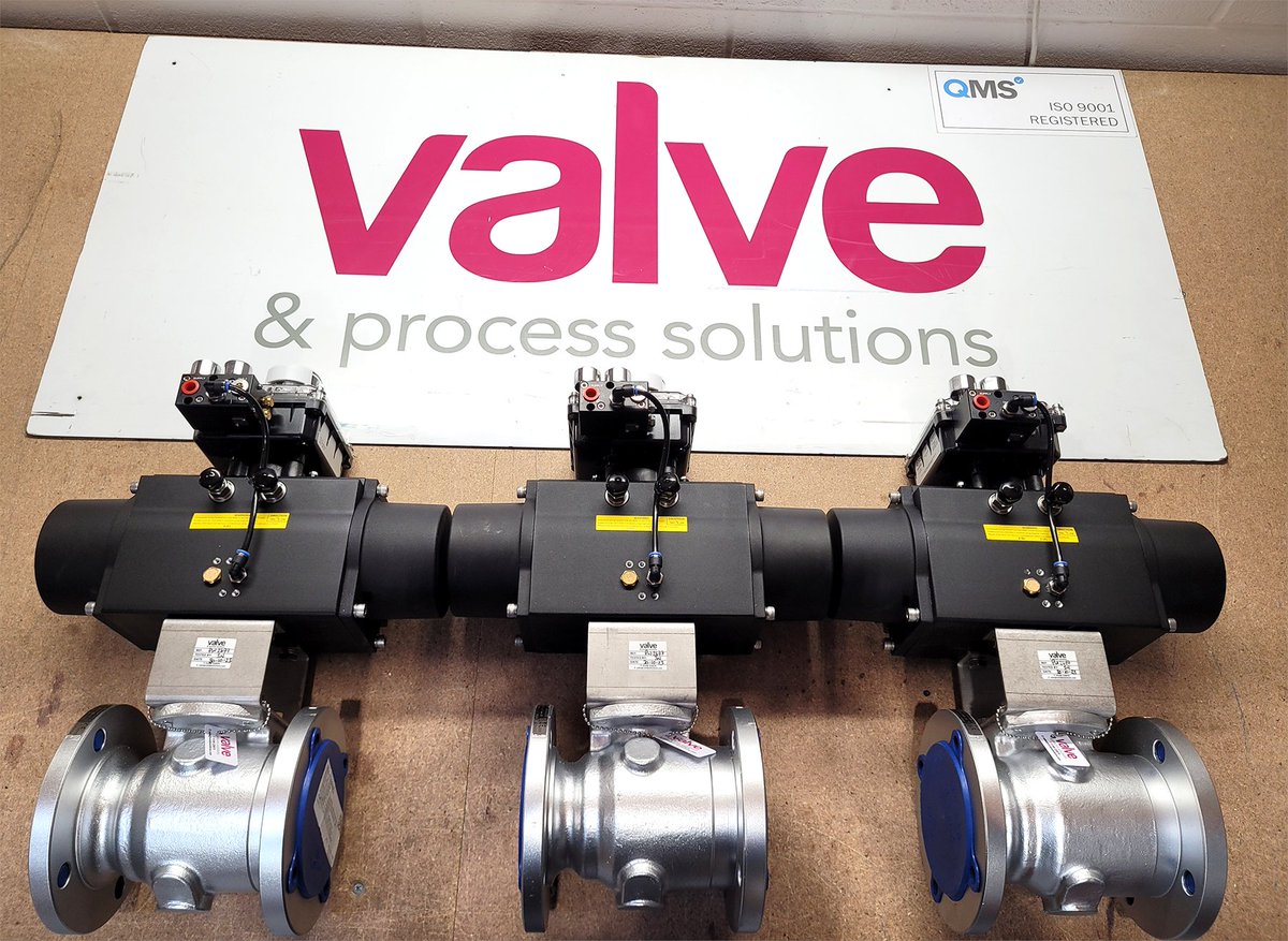 ValvePS's tweet photo. Multi-product packages to power your operations ⚡
We can assemble & test products from multiple manufacturers tailored to your requirements or site standards, like this set of 80mm KTM EB7 #BallValves fitted with #Keystone pneumatic #Actuators and #AVIDEaziCal #Positioners. https://t.co/uO2PjxV5Md