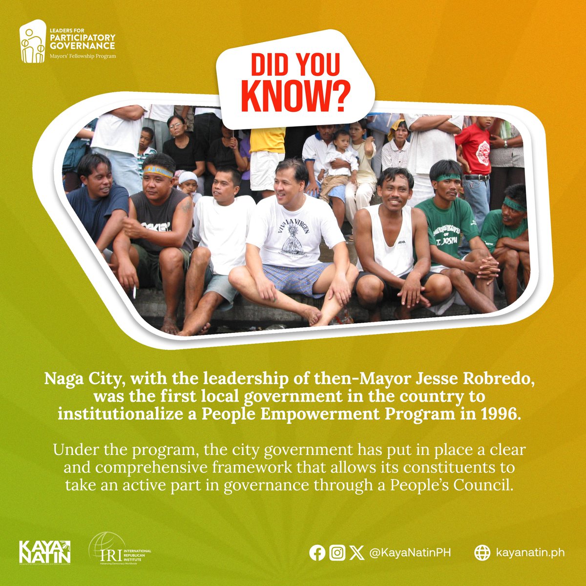 Did you know? It was then-Naga City Mayor Jesse Robredo who first established a People's Council in a local government in 1996. Through this, the city government allowed its constituents to take an active part in governance. #LeadGov #CitizenParticipation