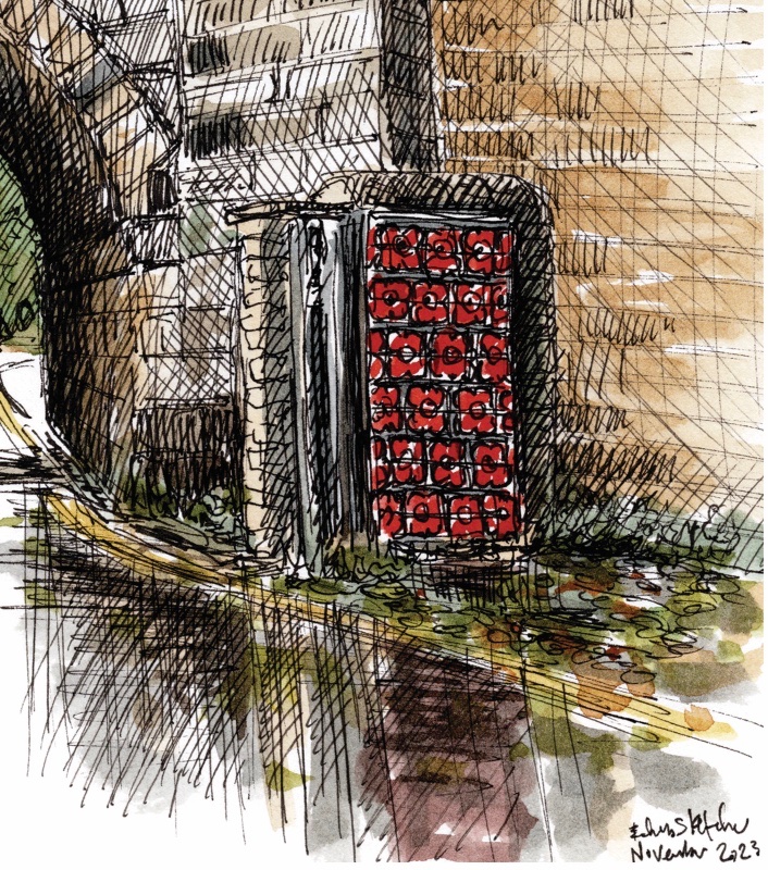 edinsketcher's tweet image. Monday morning, just ..  so another WhereArtI Quiz for you to ponder. 
This poppy clad door has a vital job but can tell me where I am? 
Answers on the website below and you could win some city Christmas cards.

edinburghsketcher.com/2023/11/06/whe…

#edinburghlife #edinburgharchitecture