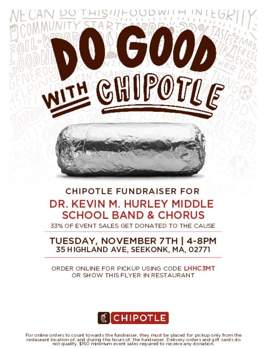 Marilyn Daniels (@mrs_daniels_) on Twitter photo Come support the <a href="/HurleyMiddle/">Dr. Kevin Hurley MS</a> Band & Chorus at our Chipotle Fundraiser night! Tuesday from 4:00-8:00! ๐ฎ ๐ต <a href="/SeekonkPS/">Seekonk Public Schools</a> Come support the <a href="/HurleyMiddle/">Dr. Kevin Hurley MS</a> Band & Chorus at our Chipotle Fundraiser night! Tuesday from 4:00-8:00! ๐ฎ ๐ต <a href="/SeekonkPS/">Seekonk Public Schools</a>