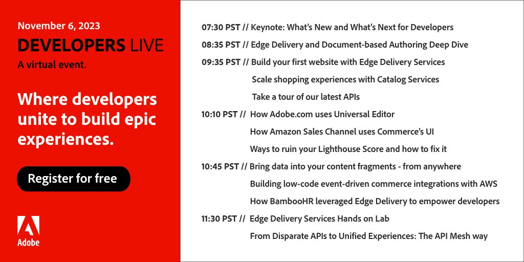 Adobe Developers Live is now underway! Join us for a jam-packed day of sessions all for devs working with #AEM and Commerce. Check out the schedule &amp; grab your last-minute ticket for free at: adobe.ly/45Zynfs  

#AdobeDevelopers #AdobeCommerce
