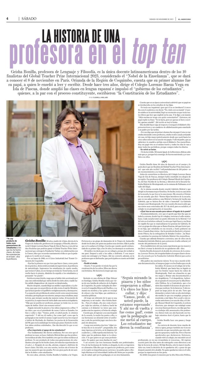 🗞️"Por eso creo que el profesor no nace, se hace (...) Yo soy producto de todas esas generaciones de estudiantes a los que les he hecho clases" 

Revisa la entrevista de <a href="/Revista_Sabado/">Revista Sábado</a> a la top 10 del <a href="/TeacherPrize/">Global Teacher Prize</a> 2023, Geisha Bonilla aqui: portal.nexnews.cl/showN?valor=pl…
