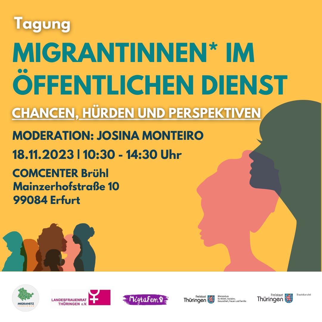 Mit <a href="/Migranetzthue/">MigraNetz Thüringen e.V.</a>  e.V. &amp; Migrafem widmen wir uns am 18.11. Migrantinnen* im Öffentlichen Dienst - Chancen (#Fachkräftemangel), Hürden &amp; Perspektiven (Win-win?)

mit @DoreenDenst  , <a href="/AGeusch/">Annett Gräfe-Geusch</a> , @GB_Thueringen , Nilofar Schoaib, Felix Knothe,  Joana Pawlaczek &amp; Josina Monteiro