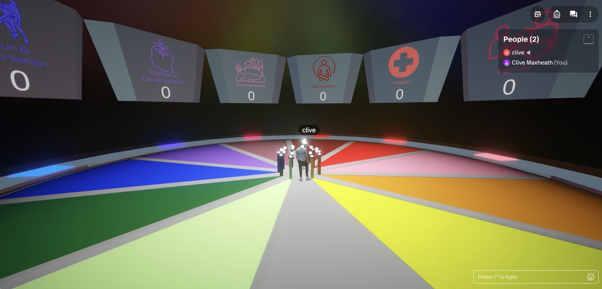 CliveMaxheath's tweet photo. Screenshot from first ever 'wheel of life' exercise I've facilitated in VR utilising a bespoke space designed by Liam from the groundbreaking VR mental health company @anomieXR. #coach #metacoach #virtualreality #lifecoach #lifecoaching #vr #metaverse https://t.co/IGYF1bxG9p