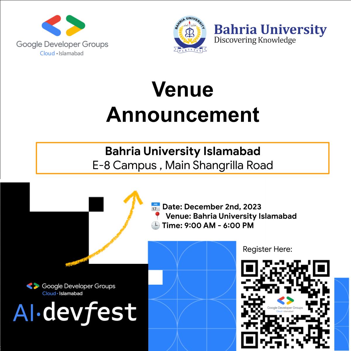 🌟 Exciting News! Join us at <a href="/BahriaOfficial/">Bahria University</a> Islamabad for Cloud AI Devfest Islamabad 2023 on December 2nd, 2023. 🏛 Explore the latest AI tech trends, connect with fellow tech enthusiasts, and gain practical skills in interactive workshops.

Register 🔗bit.ly/register_devfe…