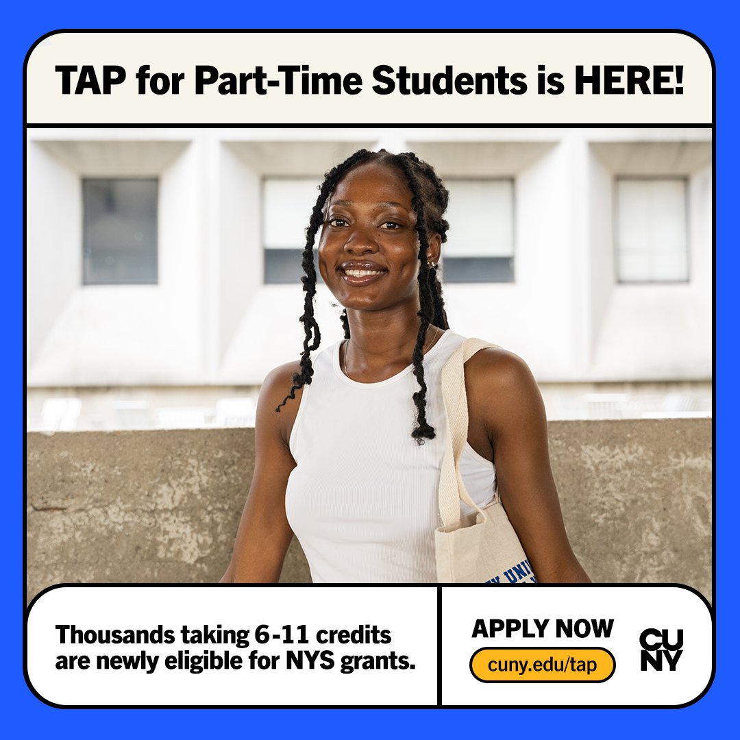 CUNY's tweet image. Are you a part-time student at CUNY? You may be eligible for TAP if you are:

🗽New York State resident
🎓Admitted into a degree program
🧑🏾‍🎓Maintain a cumulative GPA of 2.0 or higher
🎒Registered for 6-11 credits
📚Maintain good academic standing
Go to cuny.edu/tap