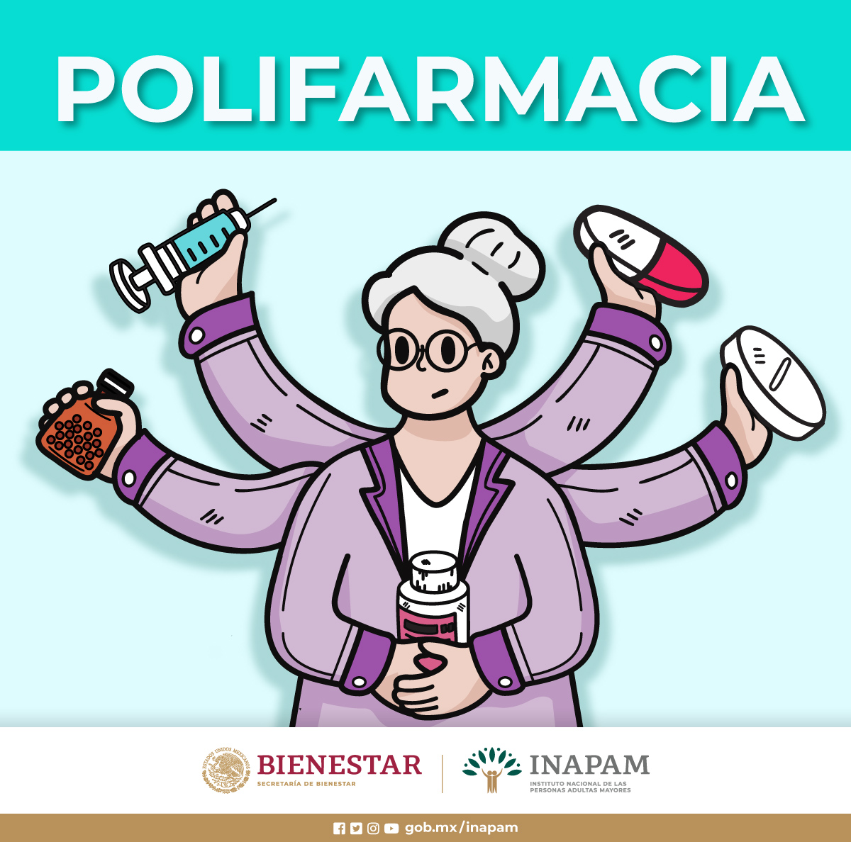 INAPAM's tweet image. De acuerdo con la @opsoms la #Polifarmacia es el consumo de más de tres #Fármacos usados #Simultáneamente, ya sean #Recetados o #Automedicados #AcudeAlMédico #EligeCuidarte #EnvejecerConBienestar 

@bienestarmx
@SSalud_mx
@SSaludCdMx
@INGER_mx
@Tu_IMSS
@ISSSTE_mx