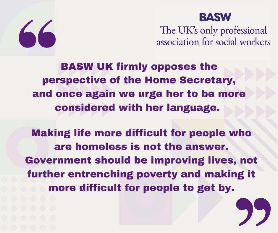 Homelessness and rough sleeping is not a lifestyle choice.

The Home Secretary's recent comments on this issue are deeply unhelpful &amp; misguided. Instead, the UK Government should double-down on tackling the housing crisis.

Read our full statement⬇️

new.basw.co.uk/articles/basw-…